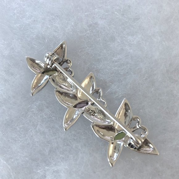 Sterling Silver Marcasite Butterflies Pin w/Green, Pink & Yellow Faceted Crystal - Picture 6 of 6
